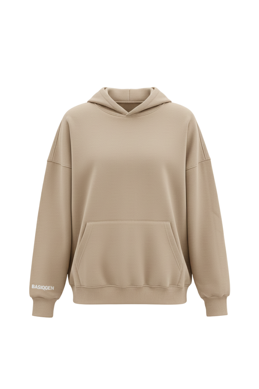 Beige hoodie with a brand logo on a white background