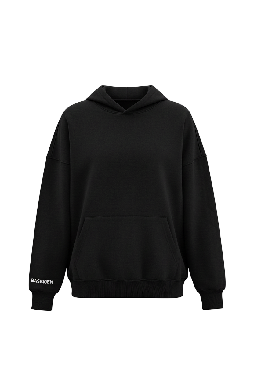 Black hoodie with brand logo on a white background