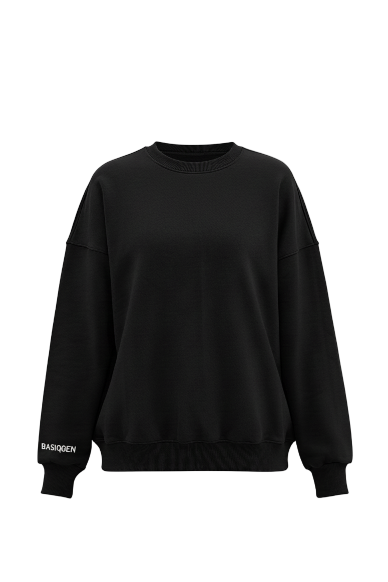 Black sweatshirt with a brand logo on a white background