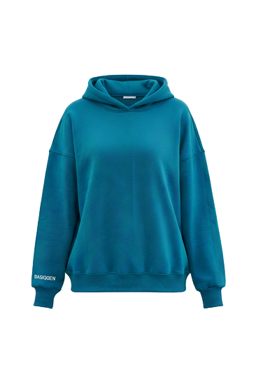 Teal hoodie with a brand logo on a white background